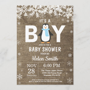 Rustic Penguin Winter Boy Baby Shower Invitation