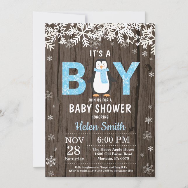 Rustic Penguin Winter Boy Baby Shower Invitation (Front)