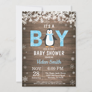 Rustic Penguin Winter Boy Baby Shower Invitation
