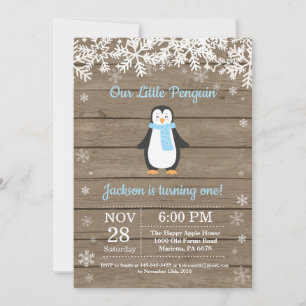Rustic Penguin Winter Boy Birthday Invitation