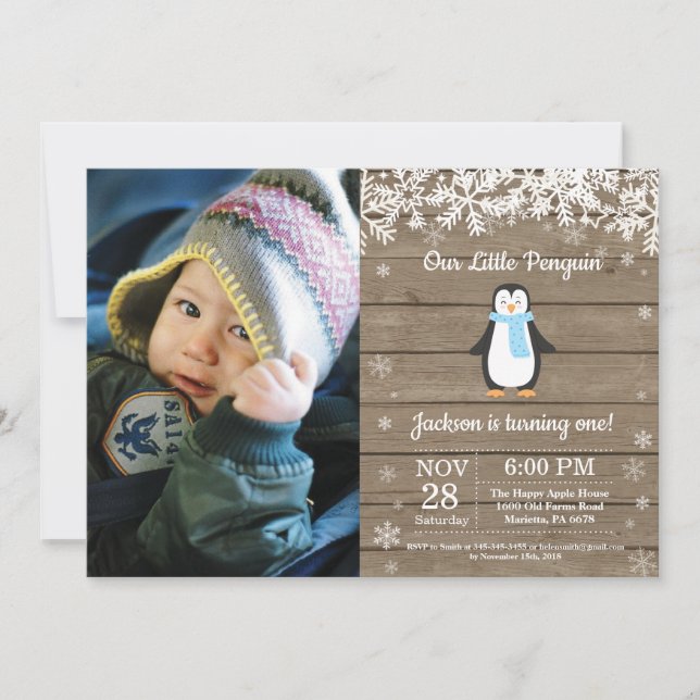 Rustic Penguin Winter Boy Birthday Photo Invitation (Front)