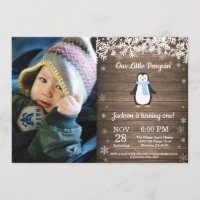 Rustic Penguin Winter Boy Birthday Photo