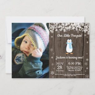 Rustic Penguin Winter Boy Birthday Photo Invitation