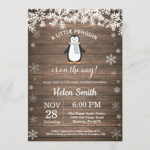 Rustic Penguin Winter Snowflake Baby Shower Invitation