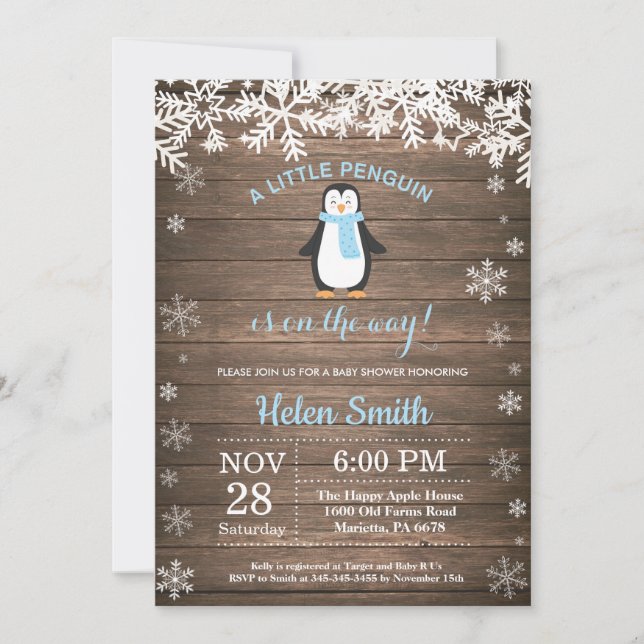 Rustic Penguin Winter Snowflake Boy Baby Shower Invitation (Front)