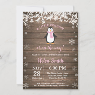 Rustic Penguin Winter Snowflake Girl Baby Shower Invitation