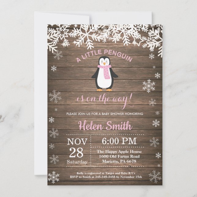 Rustic Penguin Winter Snowflake Girl Baby Shower Invitation (Front)