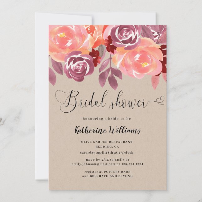 rustic peonies bridal shower invitation (Front)