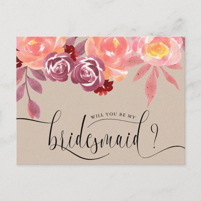 Rustic Peonies Bridesmaid Invitation Postcard (Front)