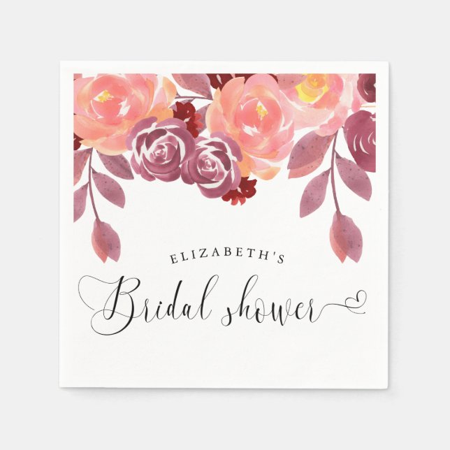 rustic peonies elegant script bridal shower napkin (Front)