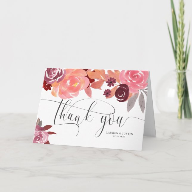 rustic peonies elegant script thank you card (Front)