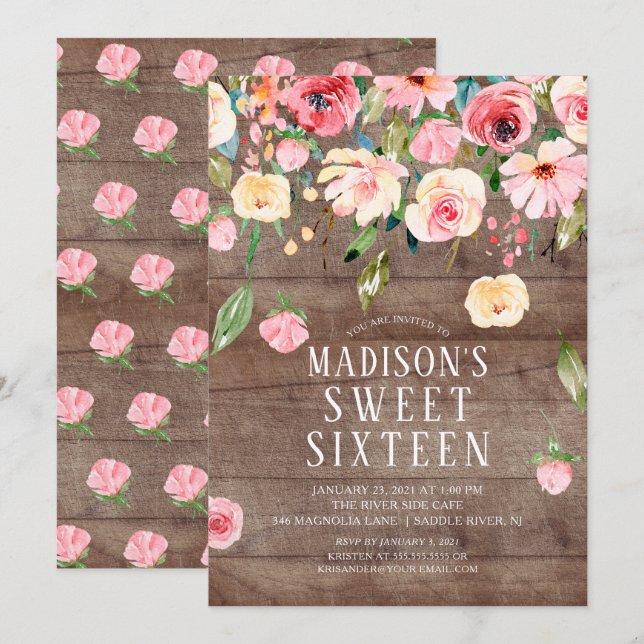 Rustic Peonies Floral Drop Sweet Sixteen Party Invitation (Front/Back)