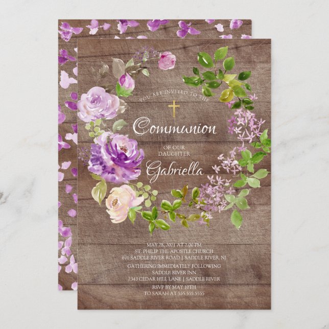 Rustic Peonies Floral Wreath Communion Invitation (Front/Back)