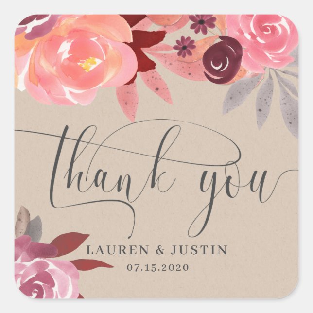 rustic peonies thank you wedding monogram square sticker (Front)