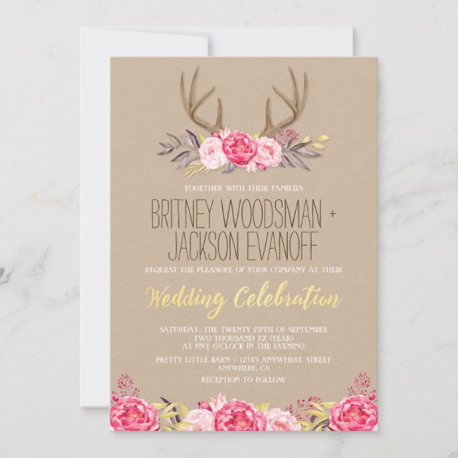 Rustic Peony and Deer Antler Wedding Invitations (Front)