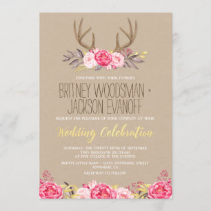 Rustic Peony and Deer Antler Wedding Invitations