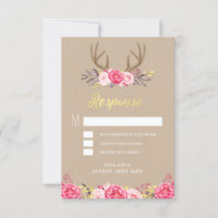 Rustic Peony and Deer Antler Wedding RSVP Cards