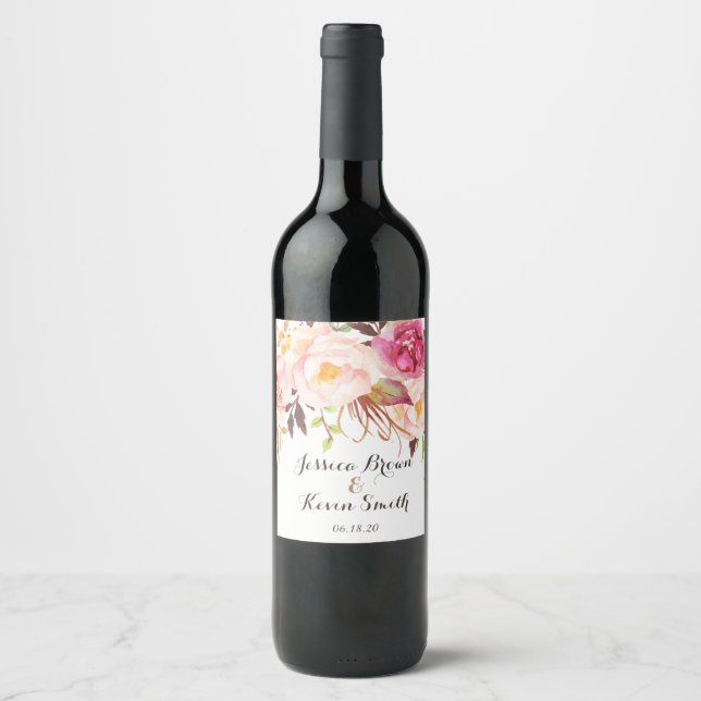Rustic Peony Floral Personalised Wedding Wine Label (Front)