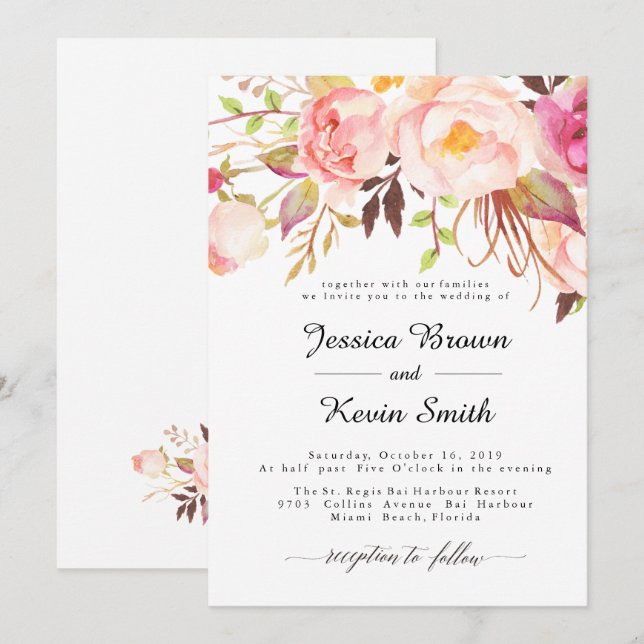 Rustic Peony Floral Wedding Invitation-3 Invitation (Front/Back)