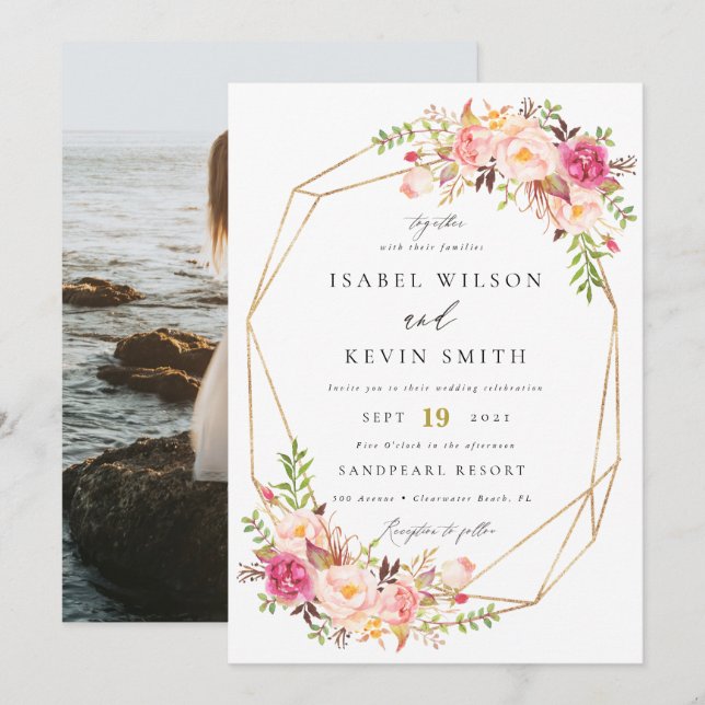 Rustic Peony Flowers Geometric frame wedding Invitation (Front/Back)