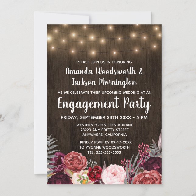 Rustic Peony Marsala Engagement Party Invitations (Front)