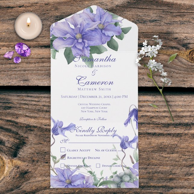 Rustic Periwinkle Flowers & Butterfly White Dinner All In One Invitation (Creator Uploaded)