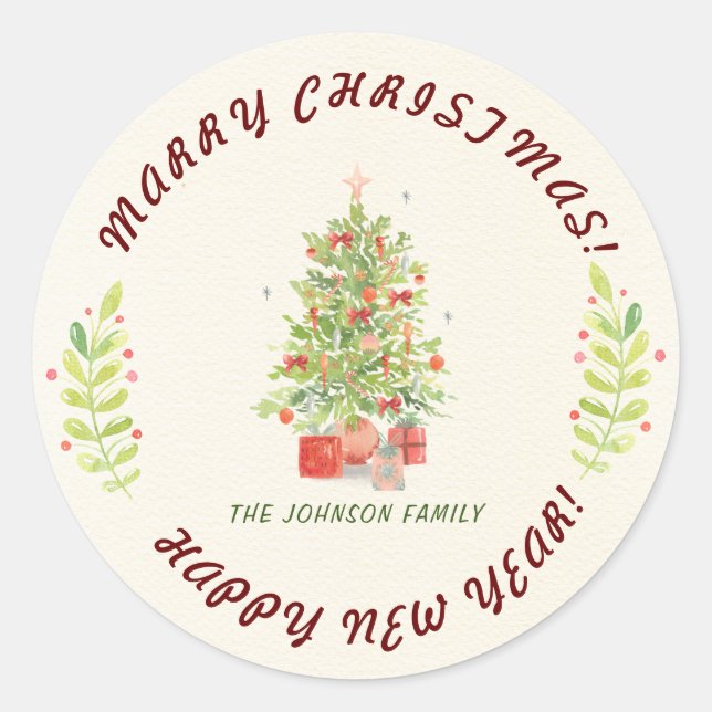 Rustic Personalise Greenery Christmas Classic Round Sticker (Front)
