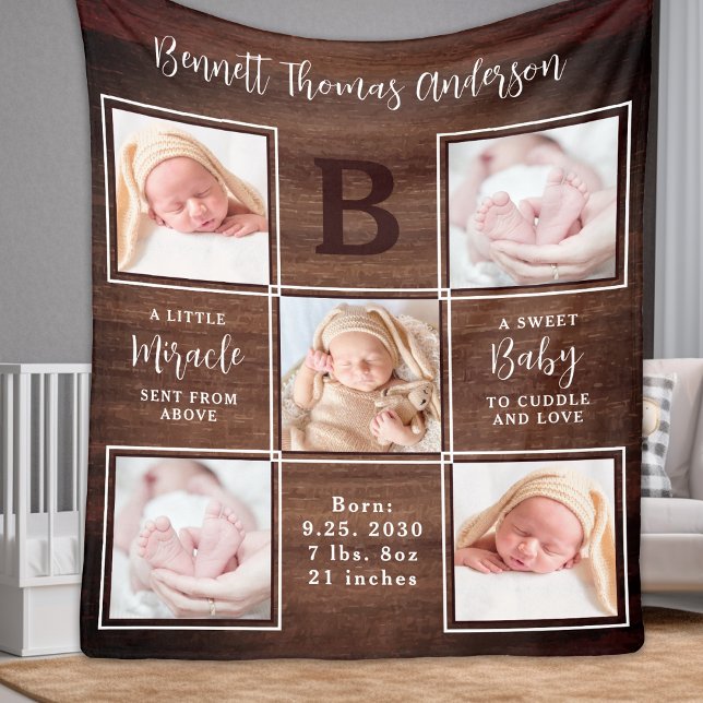 Rustic Personalised 5 Photo Collage New Baby Fleece Blanket (Creator Uploaded)