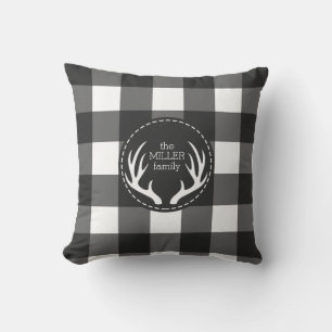 Rustic Personalised Black White Plaid Antler Cushion