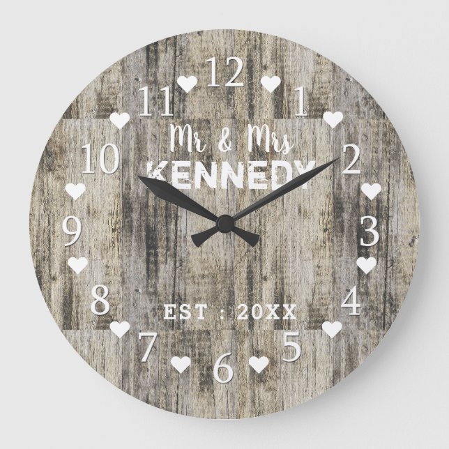 Rustic Personalised Brown Barn Wood Wedding Large Clock (Front)