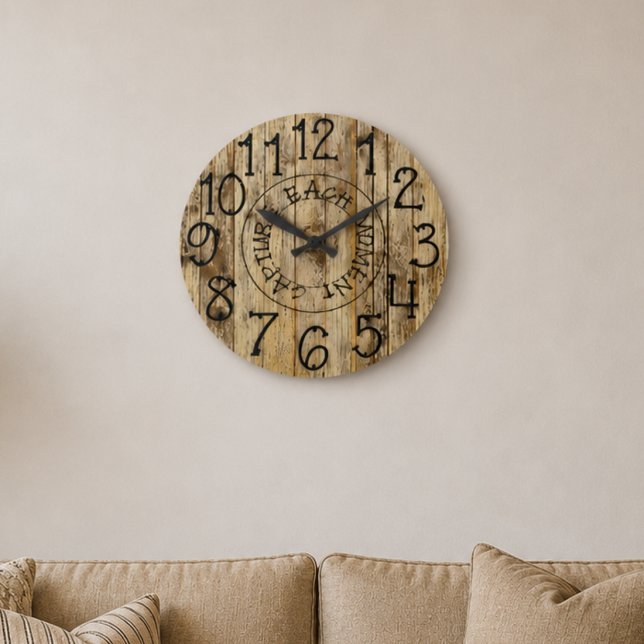 Rustic Personalised Brown Wood Capture Each Moment Large Clock (Creator Uploaded)