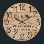 Rustic Personalised Brown Wood Custom Large Clock<br><div class="desc">Beautiful, unique, one-of-a-kind personalised design features a faux-rustic brown wood with black personalisation his and her names in a script font overlay design and the last name and year established in a bold script with a printed wood effect background. Personalise this clock by adding your personal information. Makes a great...</div>