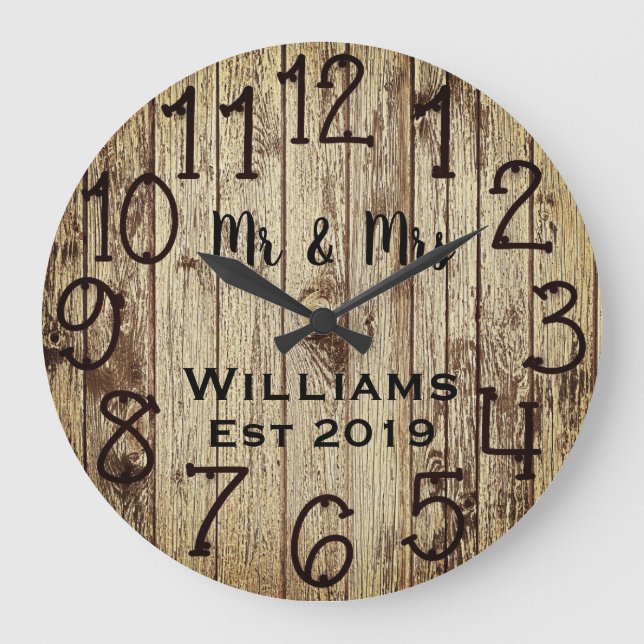 Rustic Personalised Brown Wood Custom Large Clock (Front)