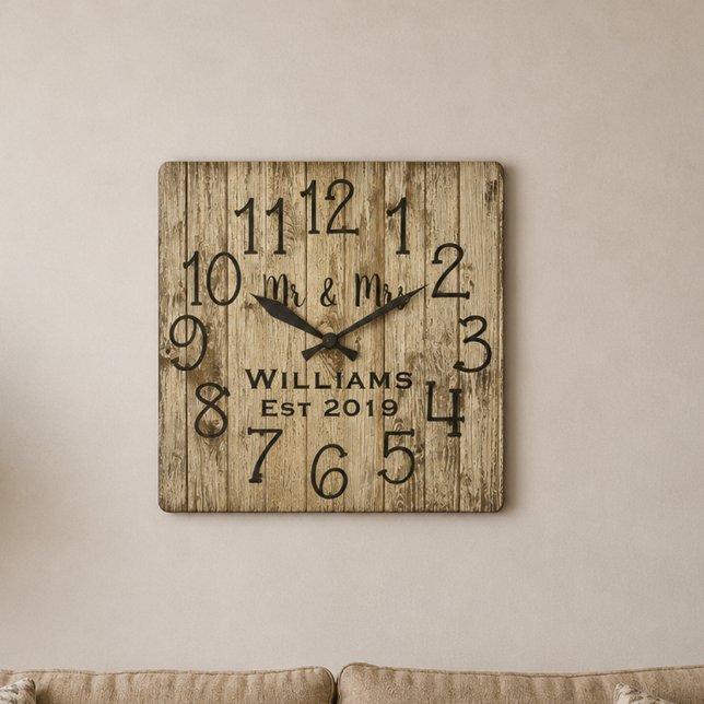 Rustic Personalised Brown Wood Custom Square Wall Clock (Creator Uploaded)