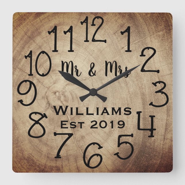 Rustic Personalised Brown Wood Custom Square Wall Clock (Front)