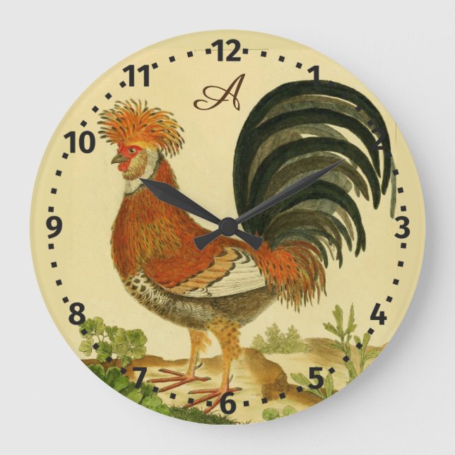 Rustic Personalised Colourful Rooster chicken Roun Large Clock (Front)