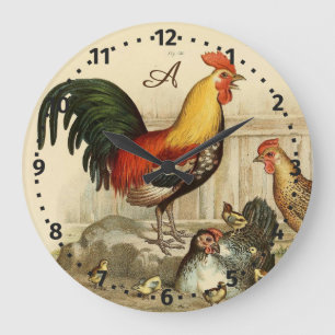 Rustic Personalised Colourful Rooster chicken Roun Large Clock