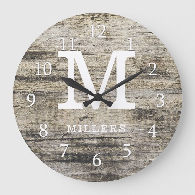 Rustic Personalised Farmhouse Wood Monogram Large Clock (Front)
