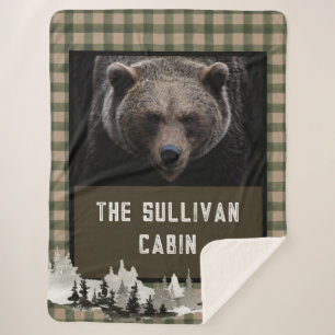 Rustic Personalised Forest Cabin Grizzly Bear Sherpa Blanket