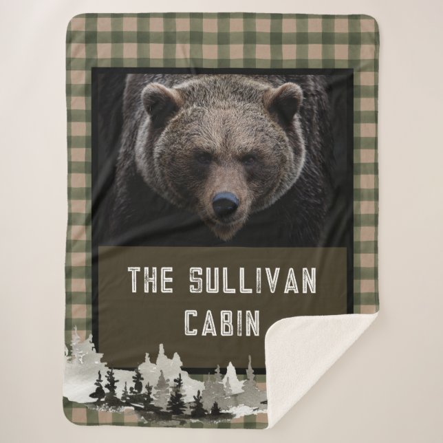 Rustic Personalised Forest Cabin Grizzly Bear Sherpa Blanket (Front)