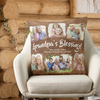 Rustic Personalised Grandpa Grandkids Photo Names Cushion