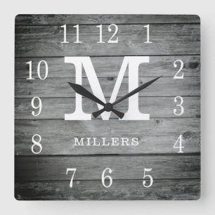 Rustic Personalised Grey Wood Farmhouse Monogram Square Wall Clock