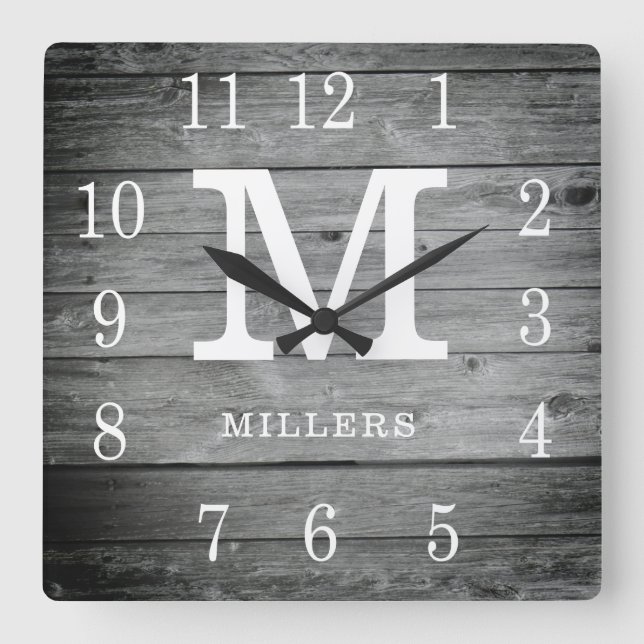 Rustic Personalised Grey Wood Farmhouse Monogram Square Wall Clock (Front)