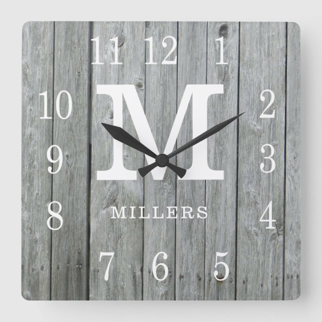 Rustic Personalised Grey Wood Farmhouse Monogram Square Wall Clock (Front)