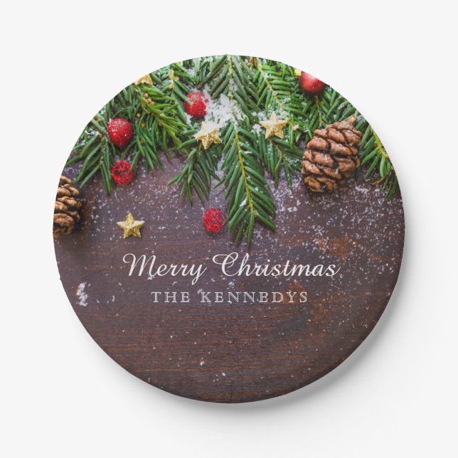 Rustic Personalised Merry Christmas Paper Plate (Front)
