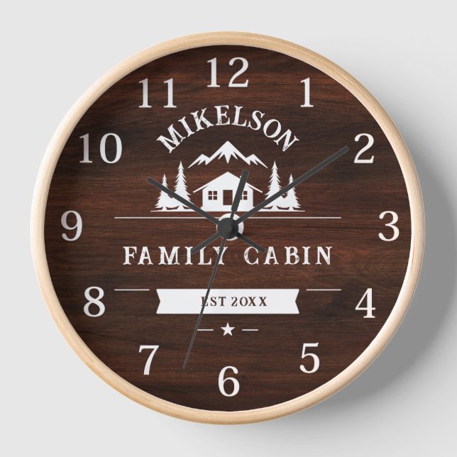 Rustic Personalised Name Family Cabin Clock (Front)