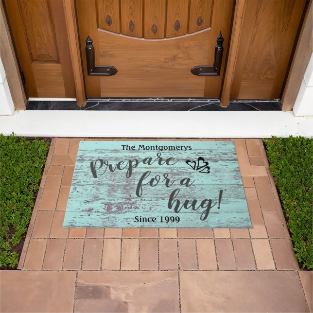 Rustic Personalised  Name Fun "Prepare For A Hug" Doormat (Outdoor)