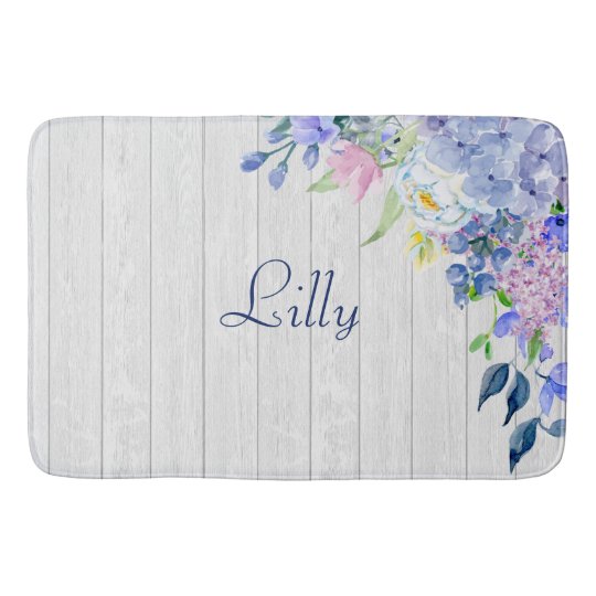 Rustic Personalised Watercolor Purple Hydrangeas Bath Mat