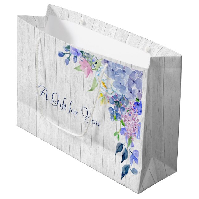 Rustic Personalised Watercolor Purple Hydrangeas Large Gift Bag (Front Angled)