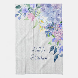 Rustic Personalised Watercolor Purple Hydrangeas Tea Towel